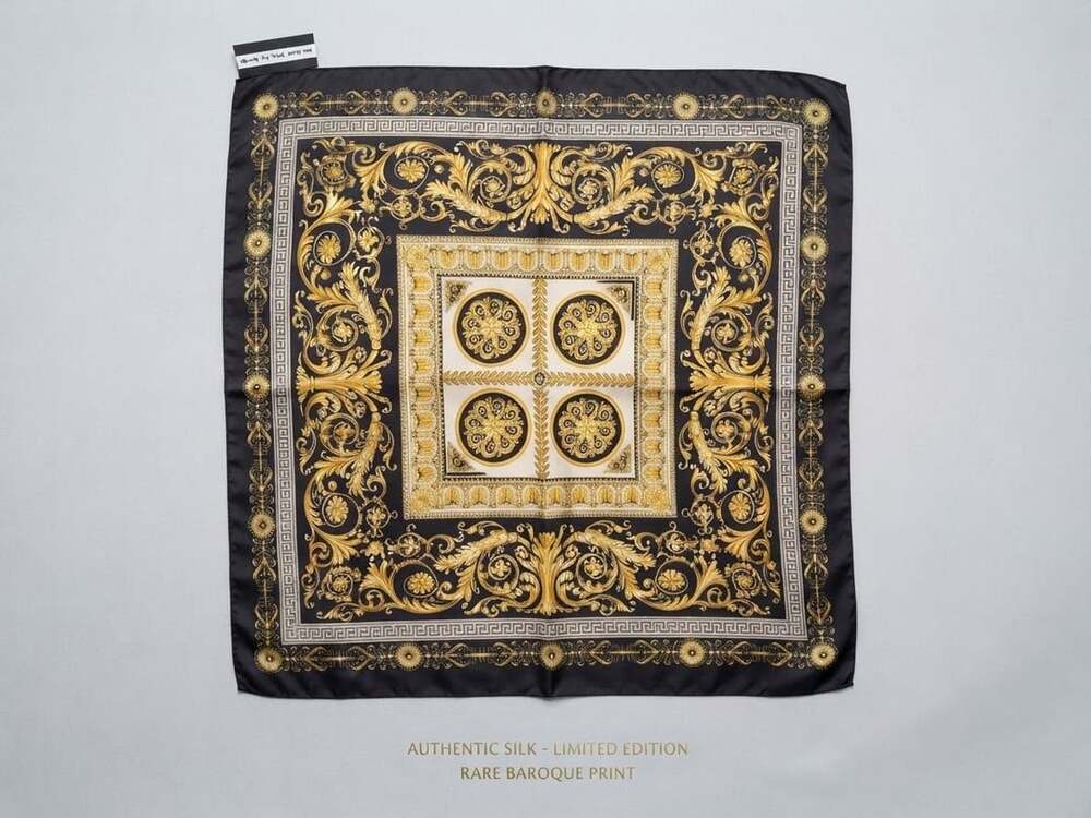Authentic Silk Limited Edition Rare Baroque Print Black and Gold Square Scarf